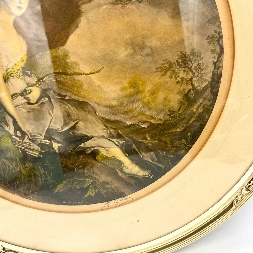 Antique‎ Print Round Ornate Frame Victorian Lady Signed 23in